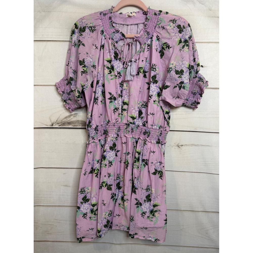 Roller Rabbit Lilac Floral Smocked Cotton Silk Blend Tassel Mini Dress Large